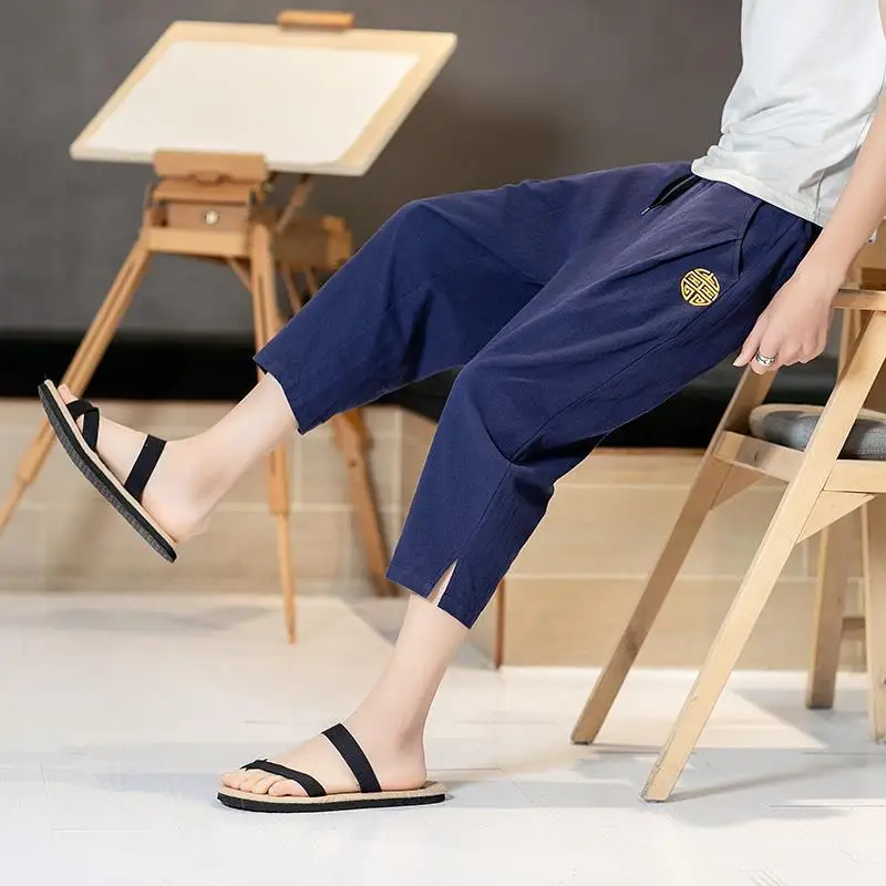 

HOUZHOU Cotton Linen Pants for Men Joggers Sweatpants Linens Casual Chinese Style Men's Cropped Trousers Embroidered Breathable