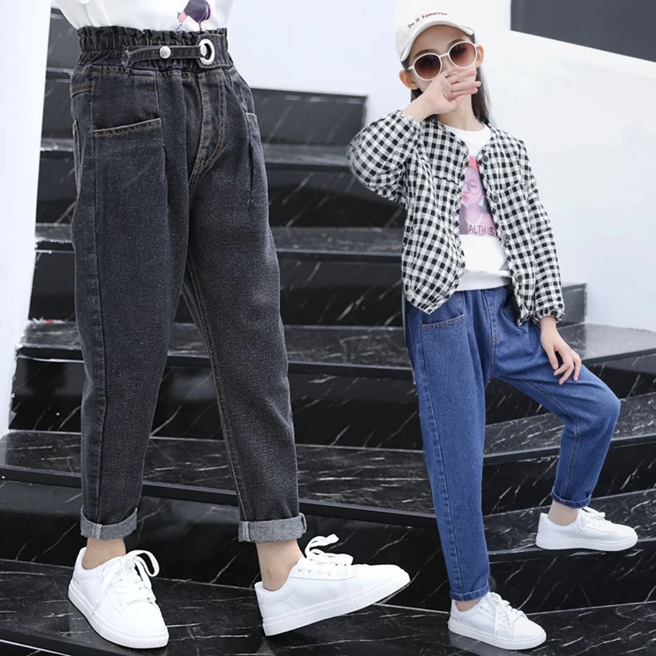 Джинсы для девочек однотонные джинсы с высокой талией модные пряжкой на поясе