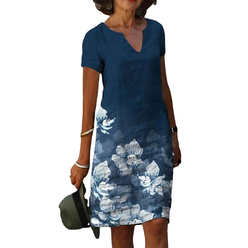 

Women Dress Flower Printed Cotton and Linen Short Sleeve V-neck Midi Dresses Women Casual Plus Size Vestido Feminino Donsignet