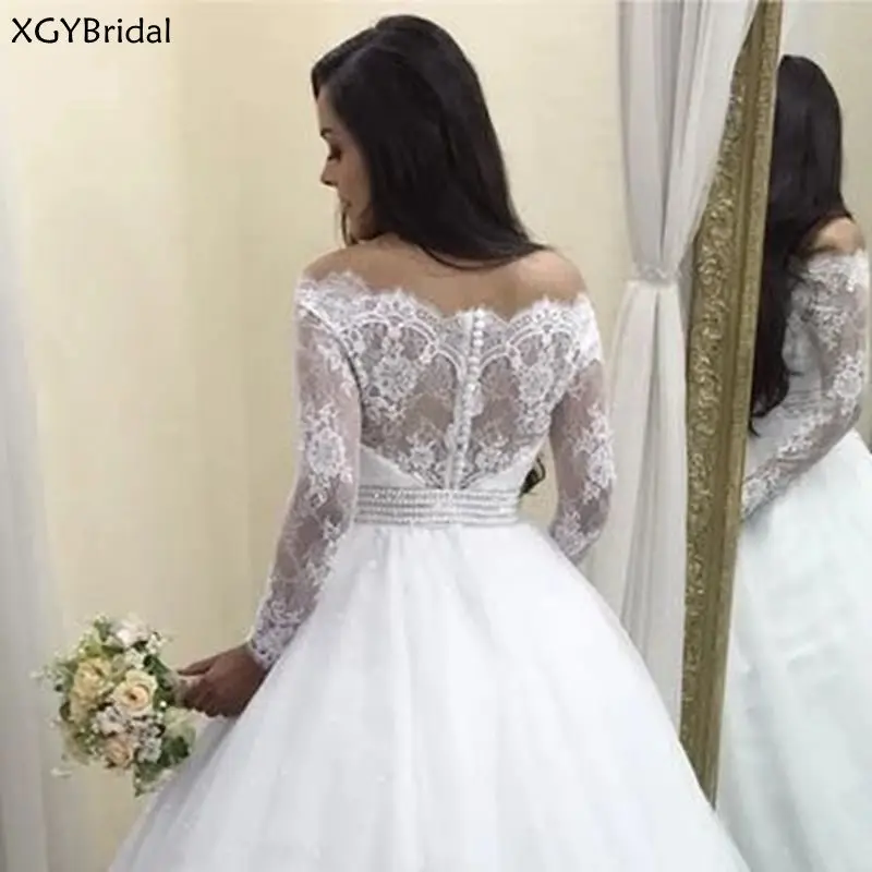 

Princess Wedding Dress Vestido de Noiva Off the Shoulder Lace Sequined Tulle Long Sleeves Wedding Gowns Crystal Belt Trouwjurk