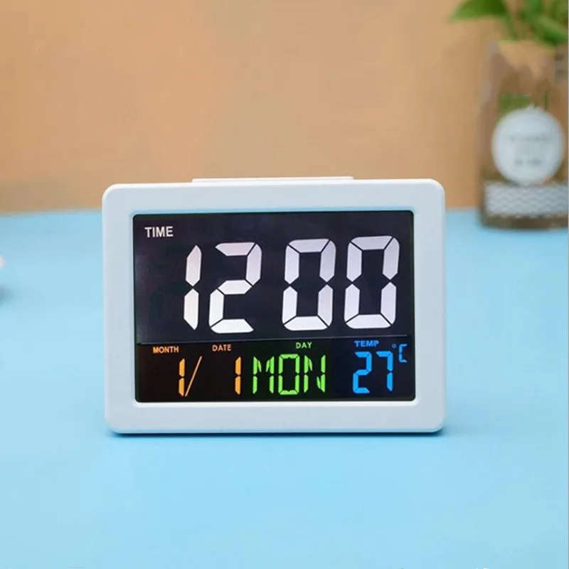 

Colorful Large LCD Alarm Clock Digital Multifunction Snooze Display Time Temperature Display for Kids Student Desktop Clock