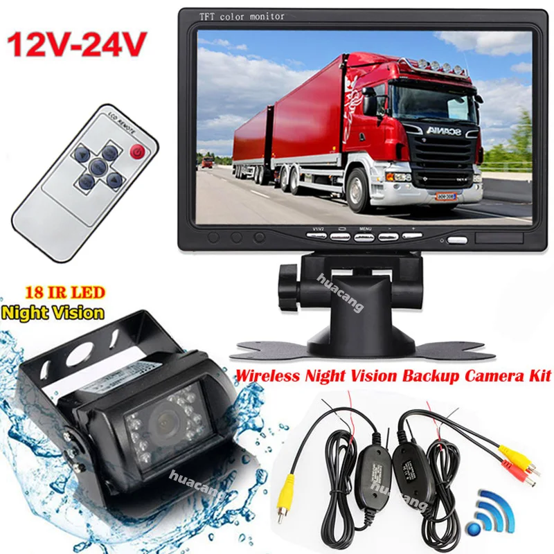 

12V-24V Wireless 7" TFT LCD HD Reversing Rear View Monitor Truck Trailer RV 18LEDs Waterproof Night Vision Backup Camera System