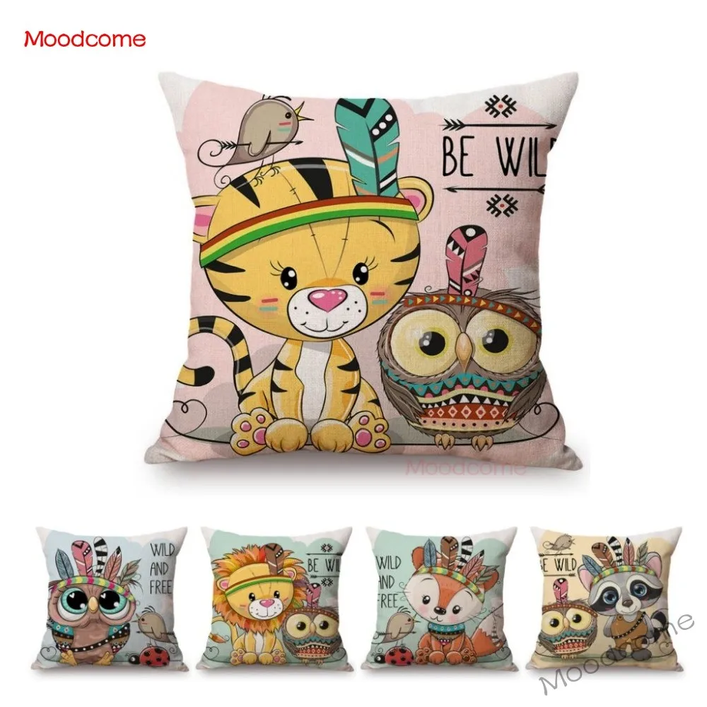 Наволочка для детской подушки с изображением лесных животных мультяшных Льва