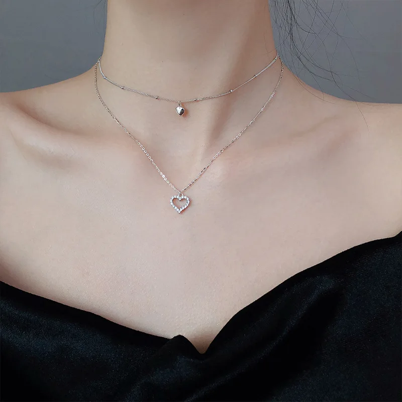

Hot Dainty Double Layer Heart Necklaces With Micro Pave Zircon collares Girls Gift