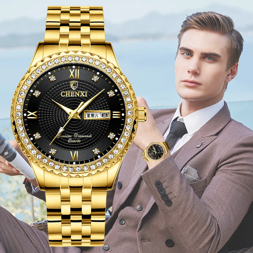 

CHENXI Golden Stainless Steel Men Quartz Watch Male Fashion Luxury Quartz-Wristwatches Clock Gold Watches Relogio Masculino