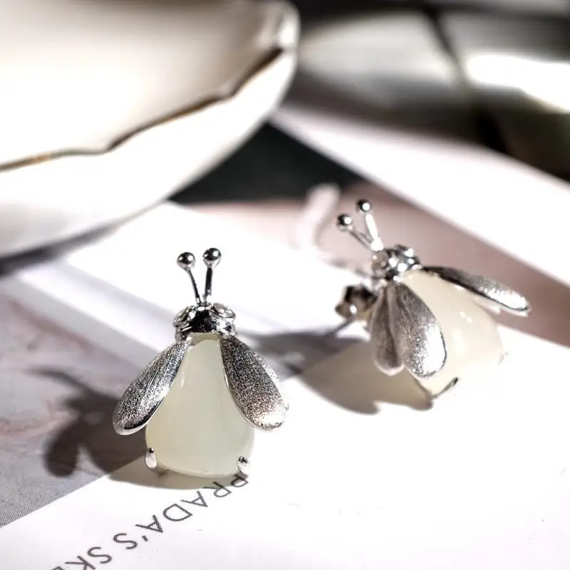 

Yu Lian Sterling Silver Ornament Hetian Jade Handmade Women's New Palace Museum Earrings Super Fairy Sweet Big Ear Stud Ladybug