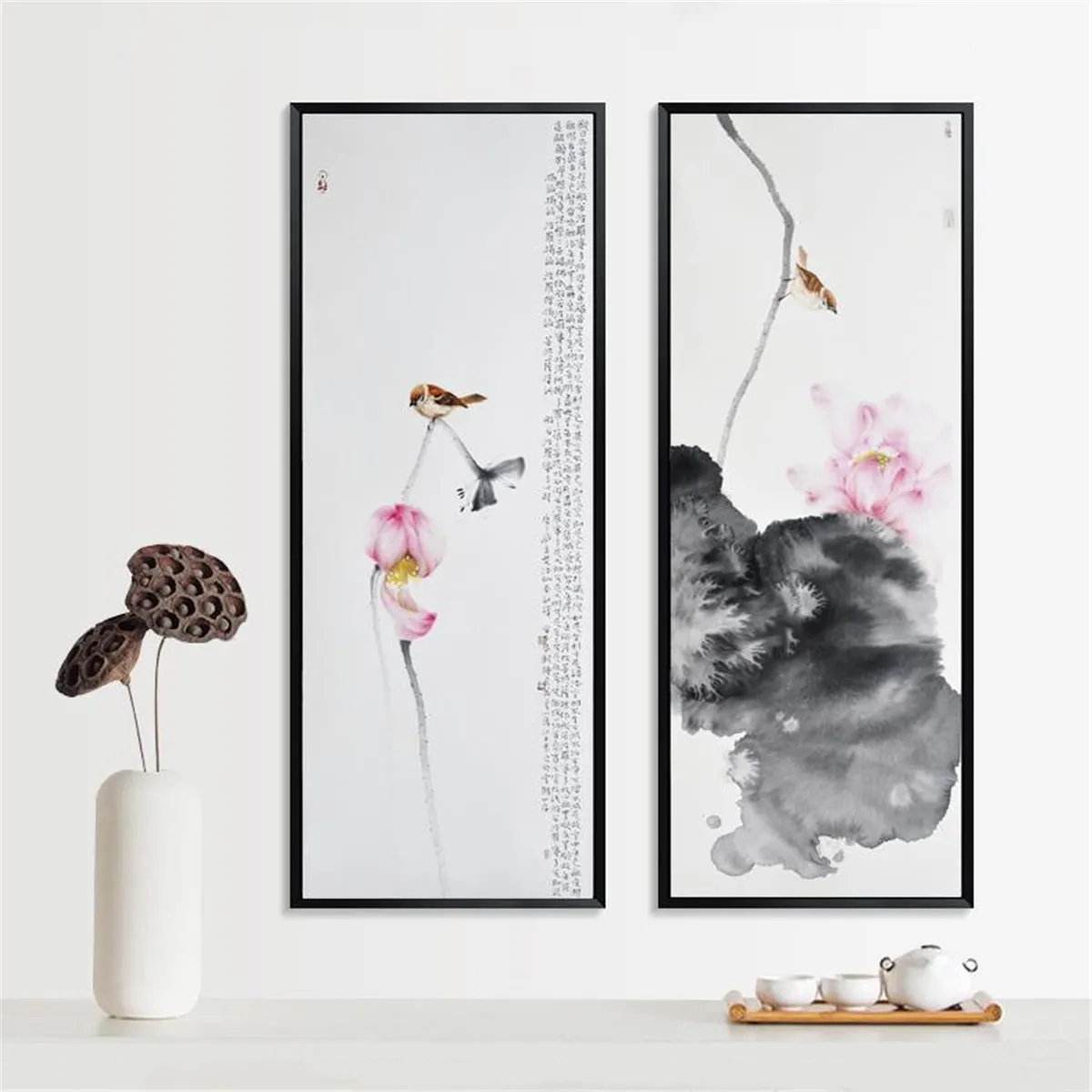 Постер на холсте в китайском стиле с изображением дракона птиц лотоса | Дом и сад