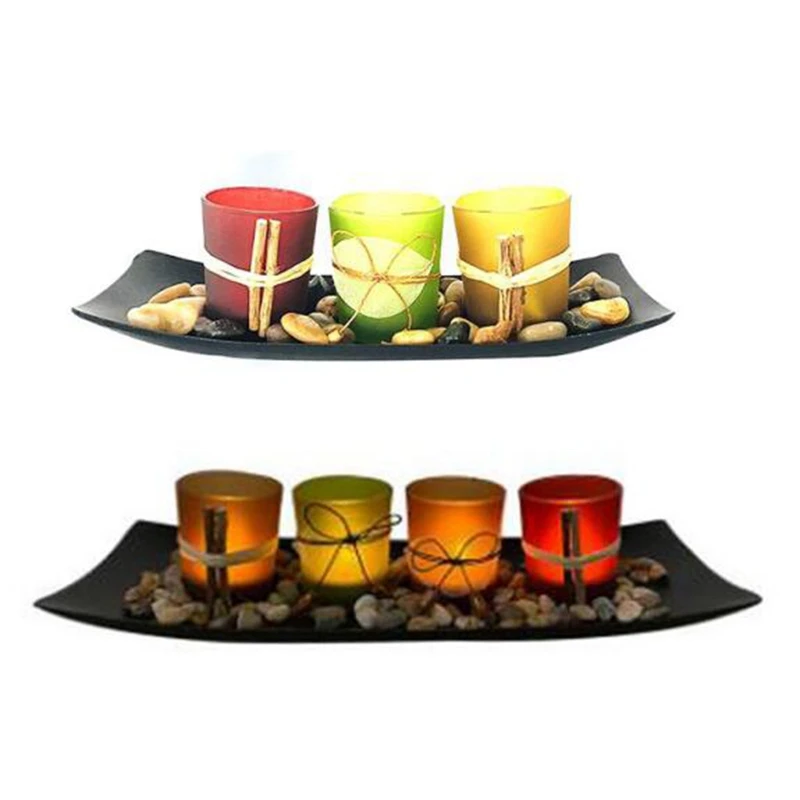 

1Set Candle Holders Home Decorations for Living Room, Decorative Candle Holder Set with Wooden Tray (3 Cup+4 Cup)
