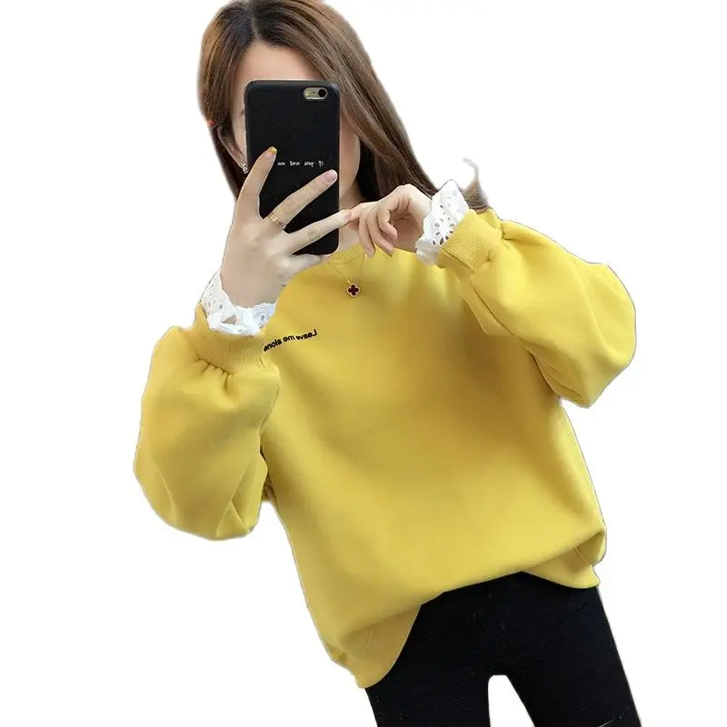 

Plus thick velvet autumn and winter 2021 new Korean version short section loose round neck pullover ultra fire Ms. Chao