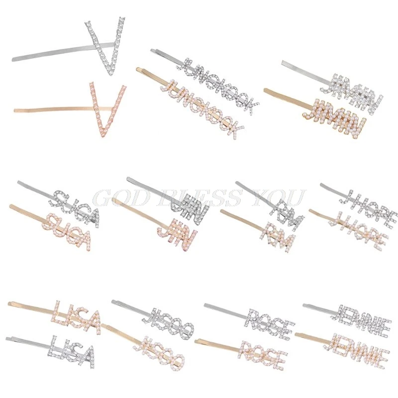 Женские металлические буквы Bobby Pins Kpop имя членов имитация жемчужины, горный хрусталь для волос зажим для поддержки болельщиков декоративные заколки