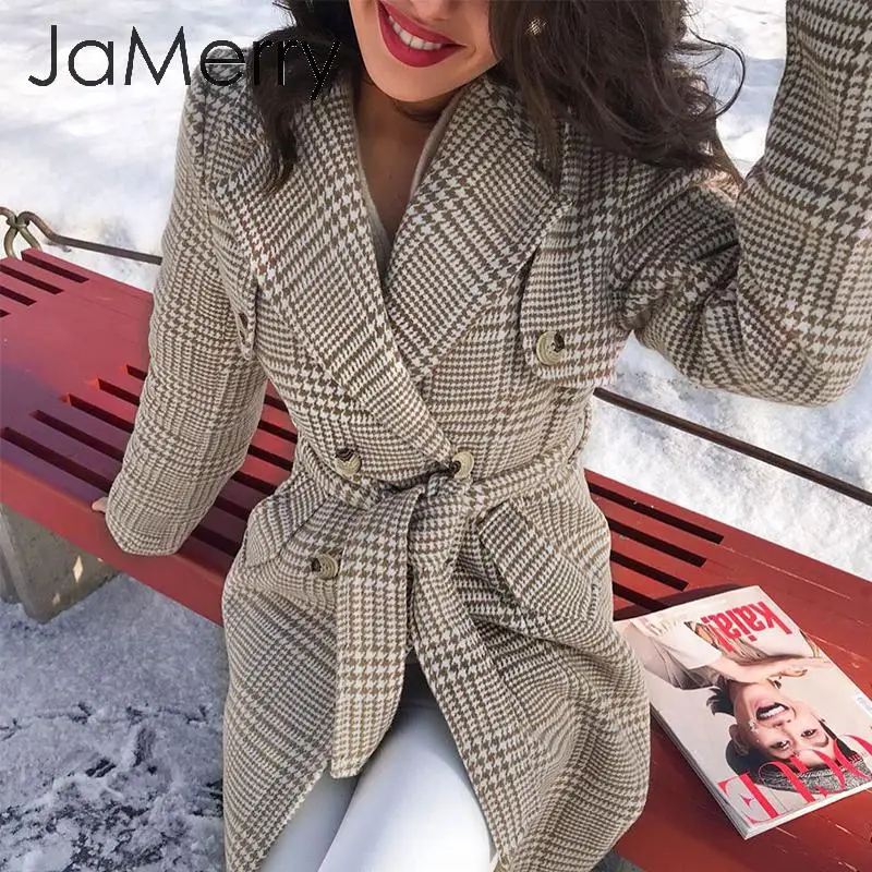 JaMerry элегантное клетчатое Женское пальто с поясом на пуговицах женское длинное