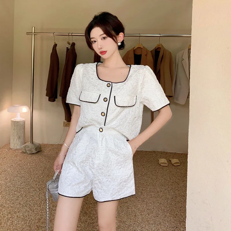 

Women Summer Streetwear 2-Piece Clothes Suit Slim Button Top+High Waist Shorts Female Sets