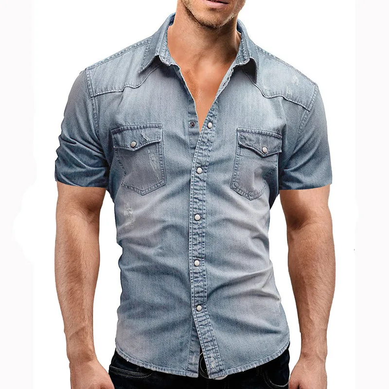

Men's Denim t-shirts Short-sleeved many colours Buttoned shirt Lapel Casual Loose Man Denim Slim-fit Shirt Jeans Jacket Tops