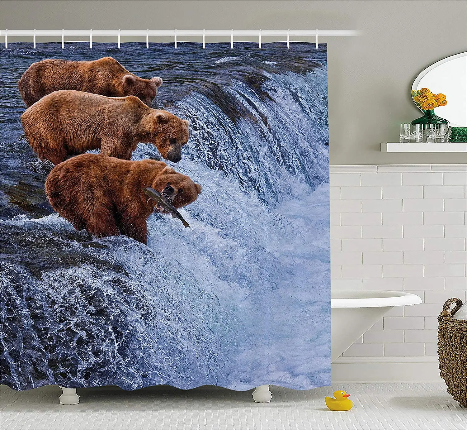 Дикая природа Декор занавеска для душа гризли медведи рыбалка в речной водопады