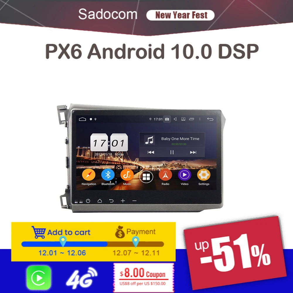 Автомобильный DVD плеер DSP PX6 10 1 дюйма TDA7851 Android 9 0 4 Гб ОЗУ 8 ядер 64 ПЗУ для Honda CIVIC 2012 2015