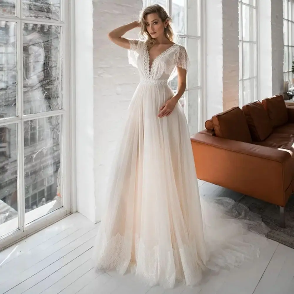 

New Bohemian Stunning Tulle Lace V Neck Wedding Dresses Noivas Sposa Backless Suknia Robe De Mariee Bridal Engament Party Gown