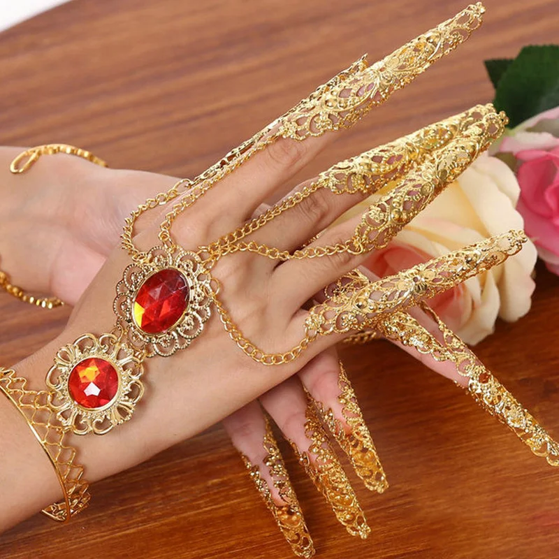 

Fashion Indian Thai Golden Finger Bracelet Shining Red Crystal Girl's Belly Dance Bracelet Jewelry