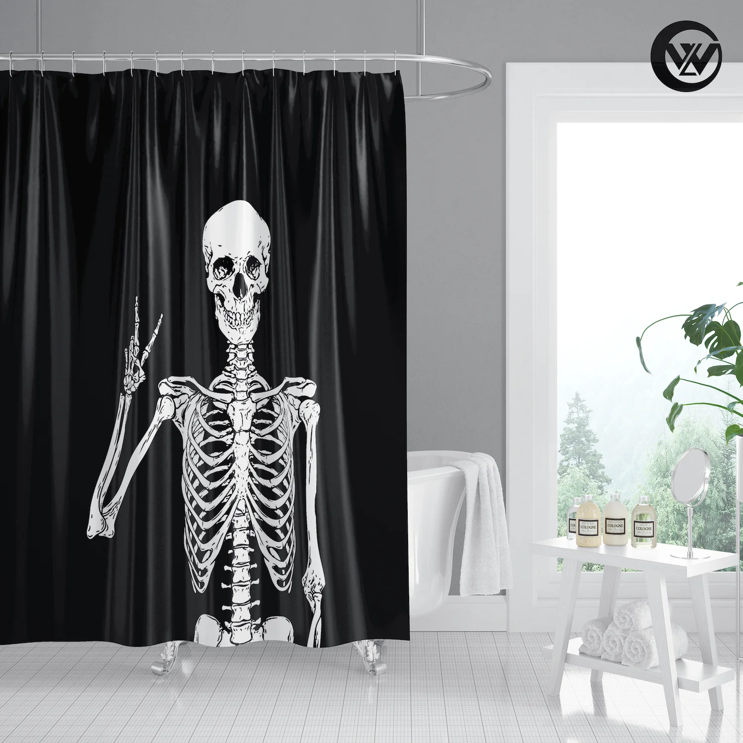 Designers Print Funny Skeleton Black Bathtub Shower Curtain Liner, Wholesale Boho Waterproof Bath Bathroom Accessories Sets