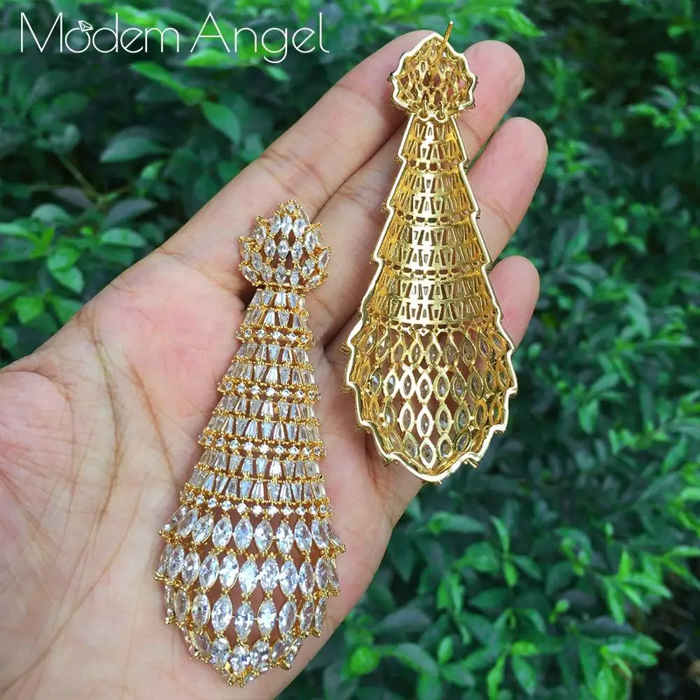 ModemAngel Искрящийся фианит камни Роскошные капли воды Дубаи индийские Золотые винтажные цветочные серьги для женщин