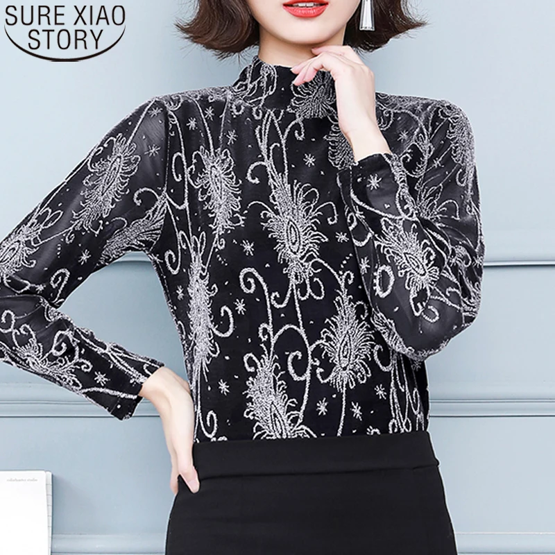 

Женские топы, элегантная Осенняя сетчатая блузка с полувысоким воротником, винтажная яркая рубашка с принтом из пряжи, пикантная Модная Пов...