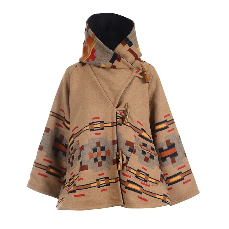 

New Loose Long-sleeved Hooded Printed Woolen Coat Warm Coat Trench Coat Women's Autumn And Winter Jacket Kurtka Damska