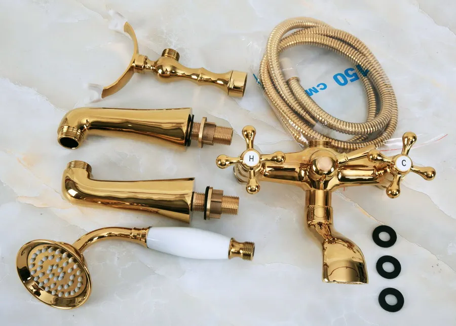 

Polished Gold Color Brass Deck Mounted ClawFoot Bathroom Tub Faucet Dual Cross Handles Telephone Style Hand Shower Head ana152