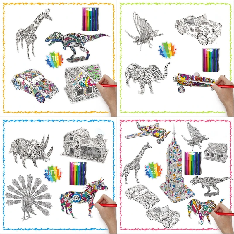 

3D Coloring Puzzle Toys Set,Art Coloring Painting Puzzle for Kids, Fun Educational Creative DIY Preschool Puzzle Brain Teasers T