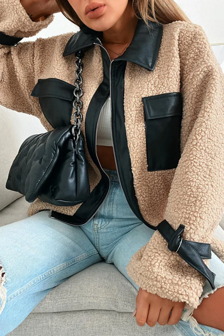 

Women Lamb Wool Coats Faux Leather Fleece Splicing Jacket Casual Lady Loose Patchwork Warm Outerwear Fashion Fall Winter Coats