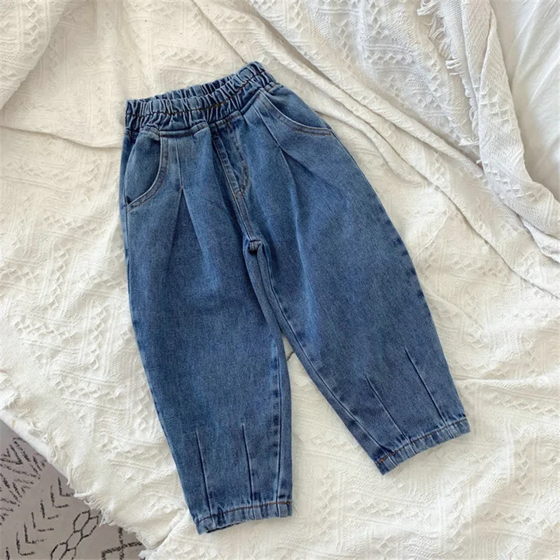 

WLG boy girl jeans baby autumn ruffle denim blue trousers kids casual all match jean children 2-7 years