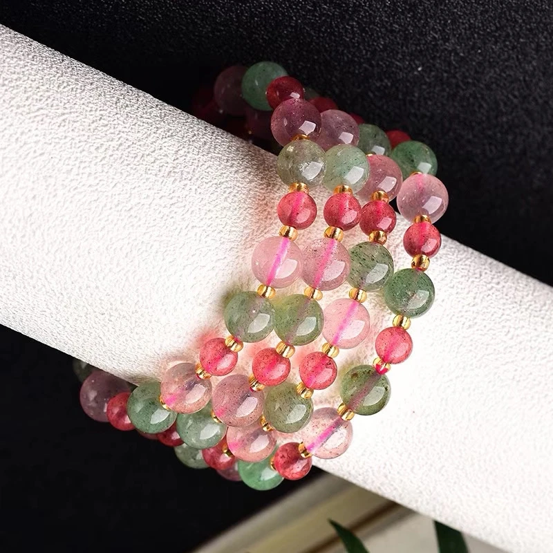 

1pc Natural Red And Green Strawberry Quartz Crystal Bracelet Jewelry Stone 8mm