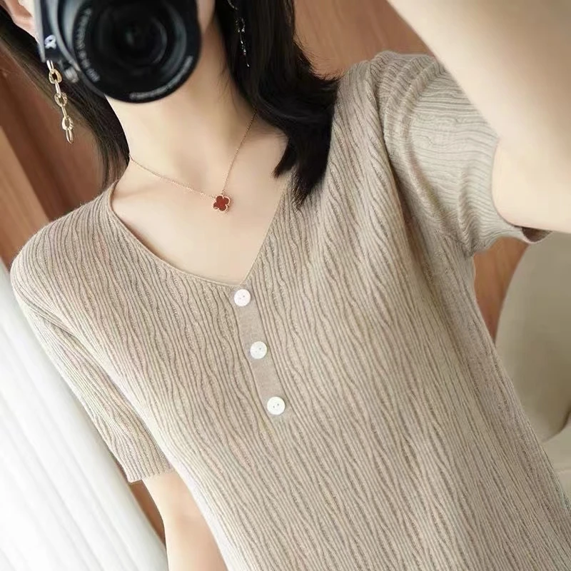 

Elastic Short Sleeve Women Summer Knitted Pullovers Tops Thin V-neck Casual T-shirt Hollow Out Ice Silk Pull Jumpers Femme