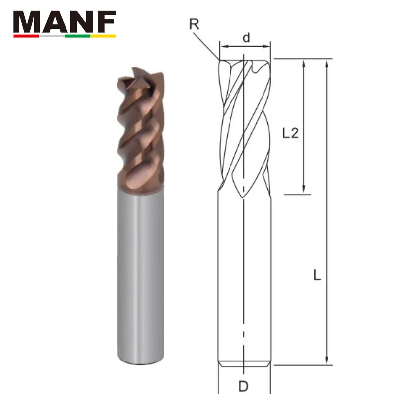 Фреза MANF 4 HRC70 1R0.2 12R3.0 фреза с квадратным круглым носом вольфрамовая