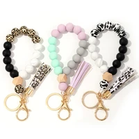 mixed faceted wooden beads silicone leopard tassel keychain bracelets for women fashion wristlet key chain hot sale 2021