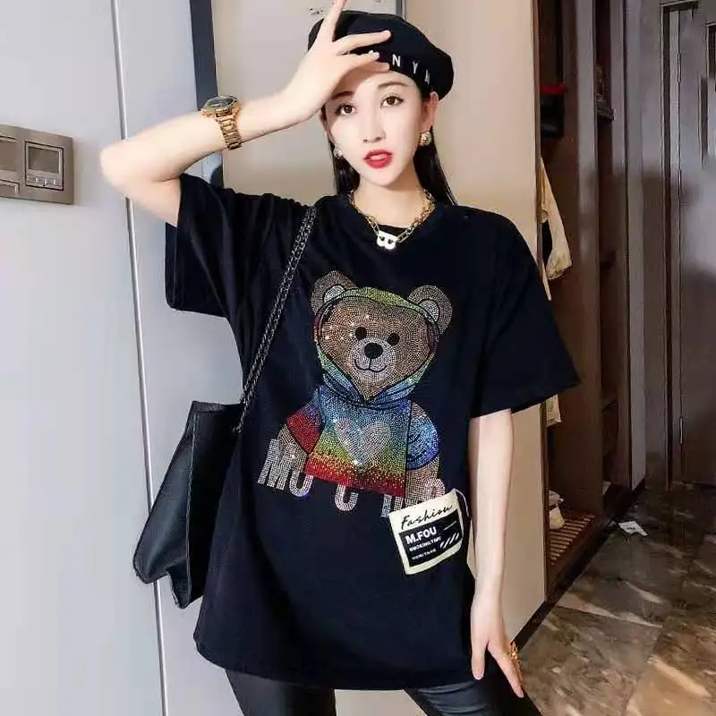 

2021 high-content cotton short-sleeved T-shirt women's autumn and winter new fashion fashion colorful rhinestone bear loose top