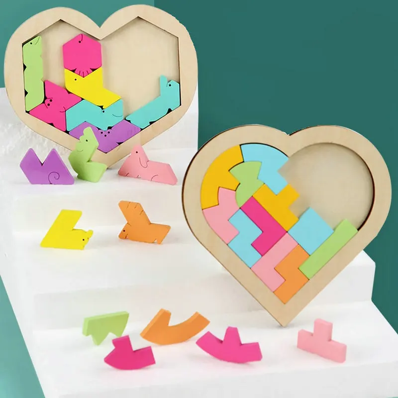 

2pcs Heart Shaped Puzzle Tetris Game Children's Early Enlightenment Training Jigsaw Baby Daycare Wooden Toys Geometric 3d Puzzle