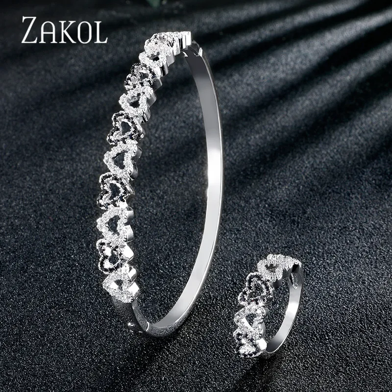 ZAKOL Romantic Heart Bridal Jewelry Cubic Zirconia Ring Bracelet Set for Women Wedding Dinner Party Dress Accessories FSSP1009 | Украшения