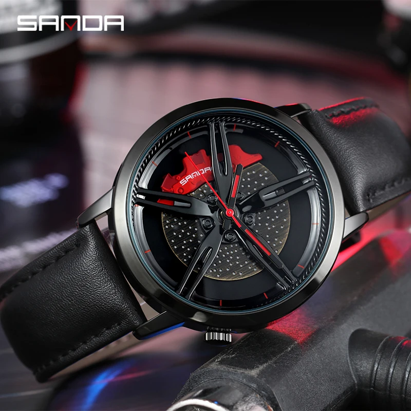 SANDA Top Brand New Men Wristwatch Fashion Wheel Series Dial Leather Strap Waterproof Gift Watch Premium Quartz Movement 2020 | Наручные