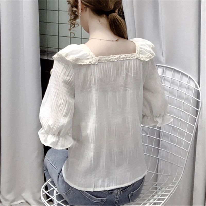 

2021 Summer Fashion New Design Sense Ruffled Square Collar Short-Sleeved Age-Reducing Pullover Shirt Top Women Trend H448
