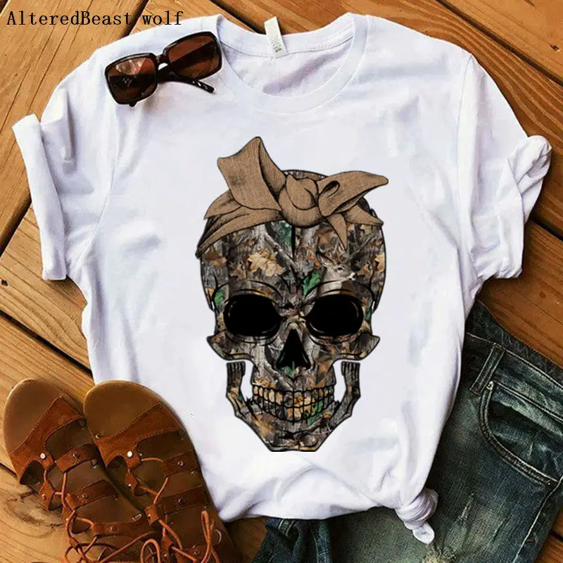 

Camo Skull Deer In Woods Burlap Bandana Mama Mom T shirt 2020 Women Fashion Clothes Casual Short Sleeve Printed Funny Tee Tops