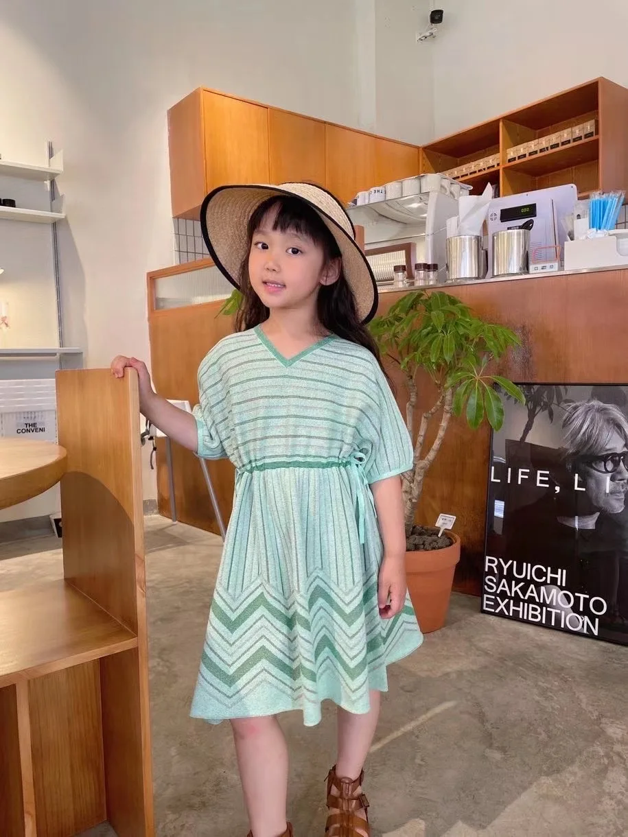 

2021 Presale April 20th Summer girls dress solid green colour knitted short sleeve dress high quality kids clothing