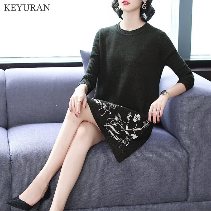 Цветочный жаккардовый свитер платье 2019 женская мода Осень-зима ВЯЗАННЫЙ ПУЛОВЕР