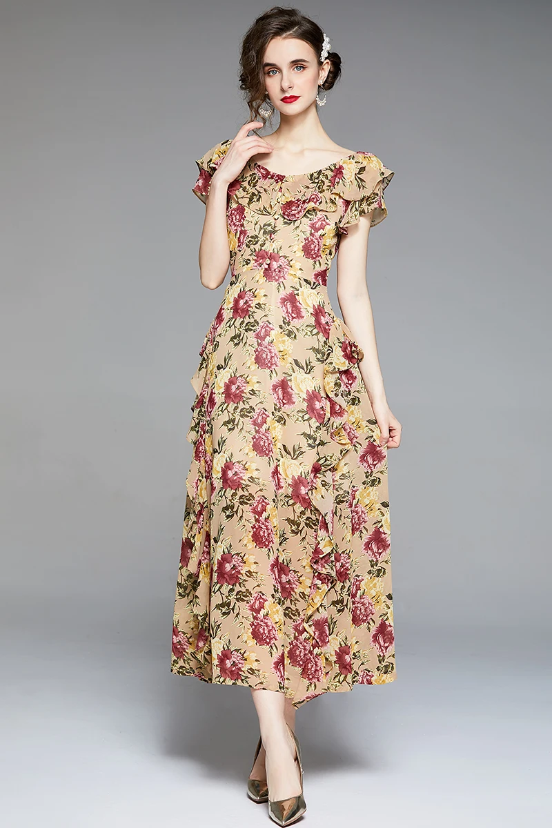 

COIGARSAM Ruffles Women dress Summer Print Short Sleeve High Waist V-Neck Dresses 8166