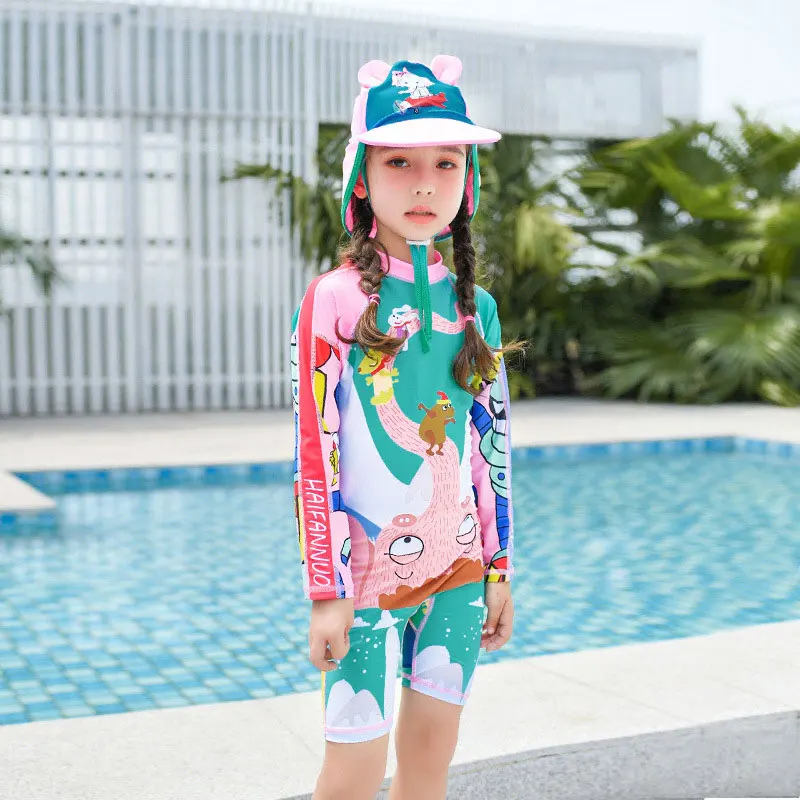 Купальный костюм для девочек из двух предметов с длинным рукавом и защитой от