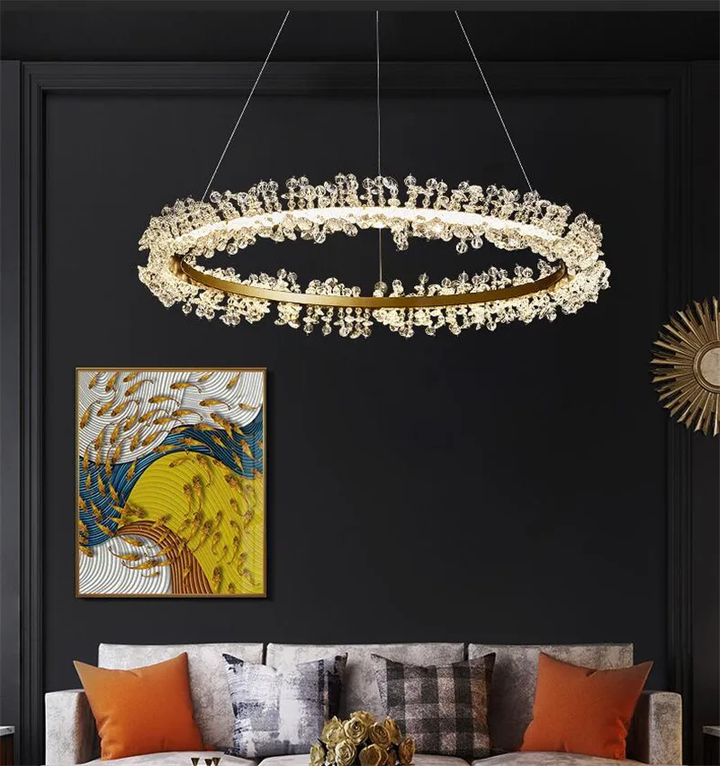Lámpara de techo Led de cristal de lujo moderna, diseño dorado, combinación de arañas con anillos para sala de estar, Lustre de iluminación para el hogar