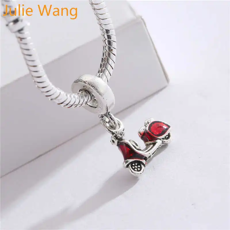 Julie Wang 5PCS Enamel Red Motorcycle Bead Charms Silver Color Zinc Alloy Bracelet Necklace Jewelry Making Accessory | Украшения и