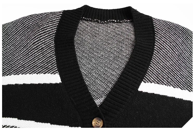 

ZCSMLL V collar black cardigan long sleeve patchwork striped loose big size korean fashion autumn winter women sweater 2021