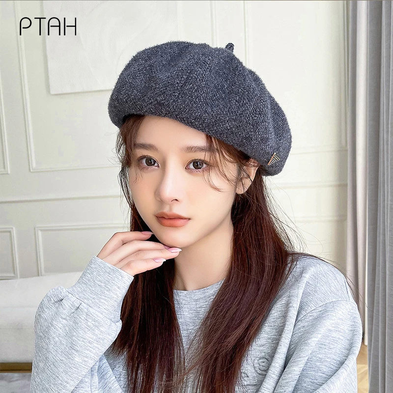 

[PTAH] Girl Berets Women French Artist Warmer Wool Winter Knitted Beanie Hats Retro Vintage Diamond Lattice Beret Elegant Ladies