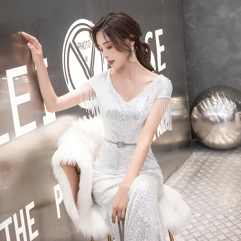 

2021 New Pearls Mermaid Evening Dress Long V-Neck Sequins Evening Gown Elegant Temperament Fashion Birthday Banquet Formal Dress