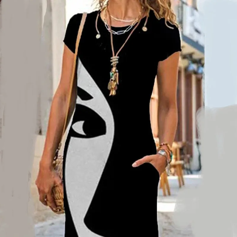 

Art Face Print Patchwork Short Sleeve Maxi Dress Women Summer Loose Long Dresses Ladies Streetwear Ankle Length Vestidos Female