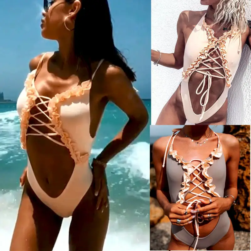Сексуальное бикини на шнуровке с оборками Цельный Монокини купальник для женщин